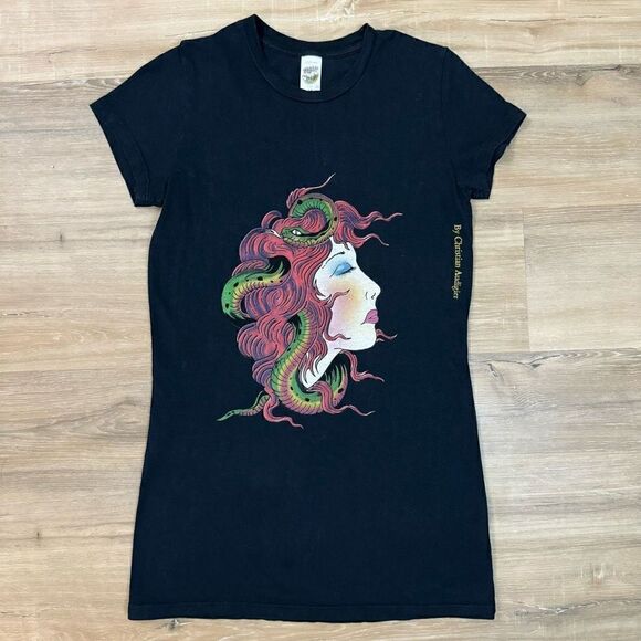 Ed Hardy by Christian Audigier Women’s Medium Black Witch Snake T-Shirt Biker - Picture 1 of 5